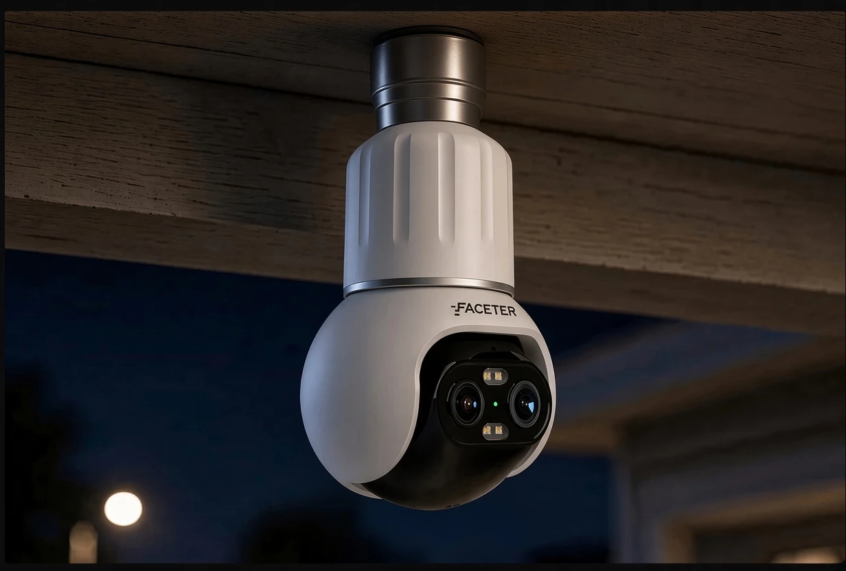 Faceter Lamp 360, вкрученная в патрон под навесом, ночью